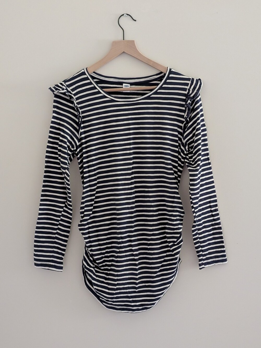 Old Navy Navy and White Striped Long Sleeve Ruffle Shoulder Tee
